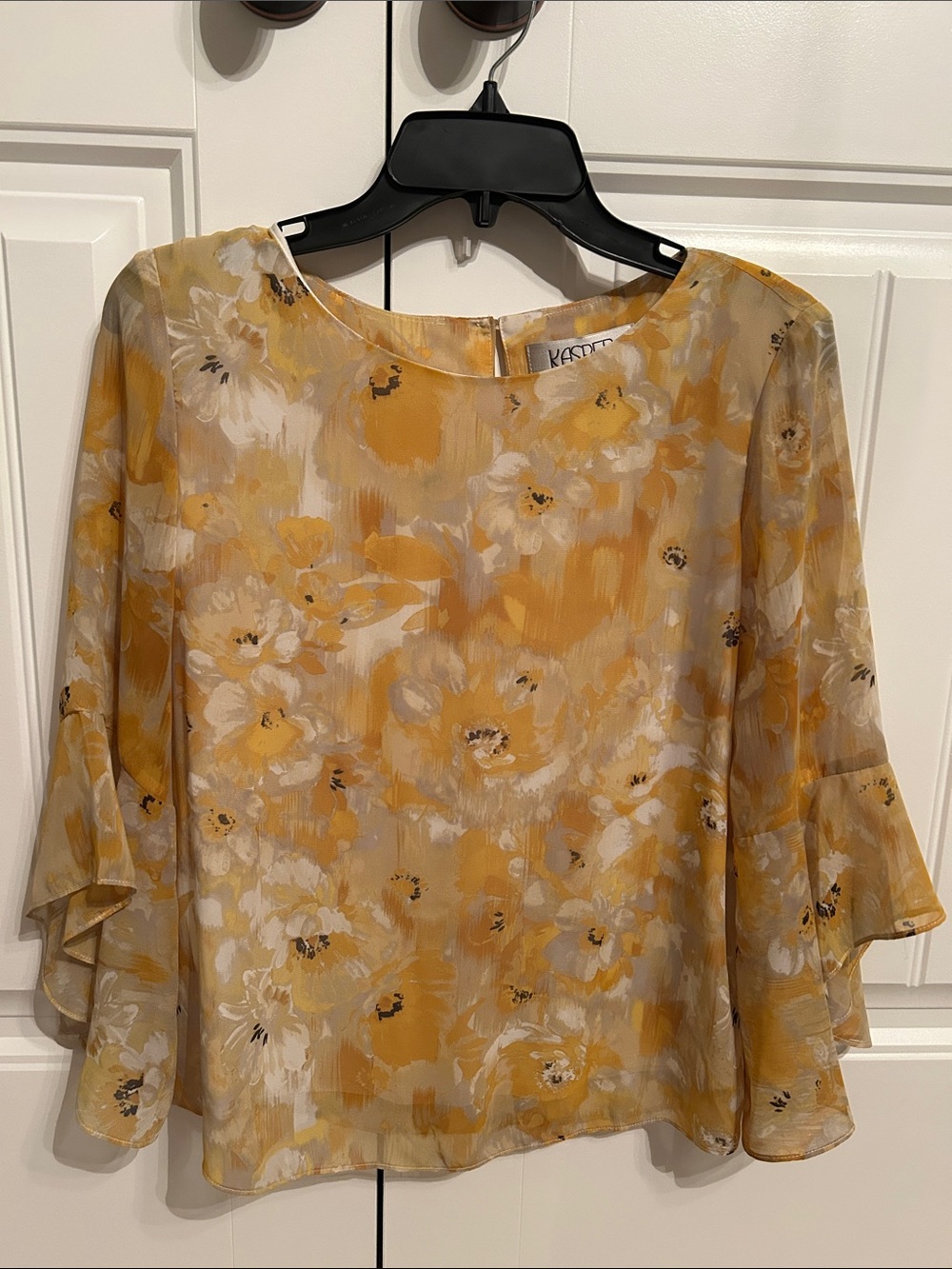 Kasper Mustard Floral Chiffon Bell-Sleeve Blouse
